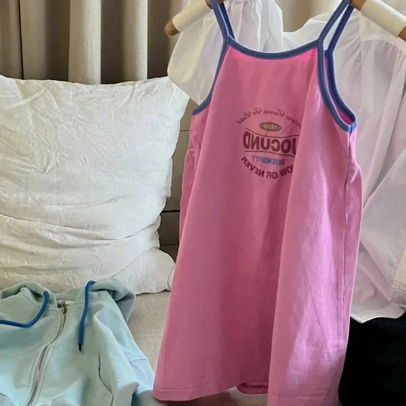 2026 New Summer Toddler Girls Korean Color Block Letter Graphic Sleeveless Cami Dress Stylish Children Daily Dress