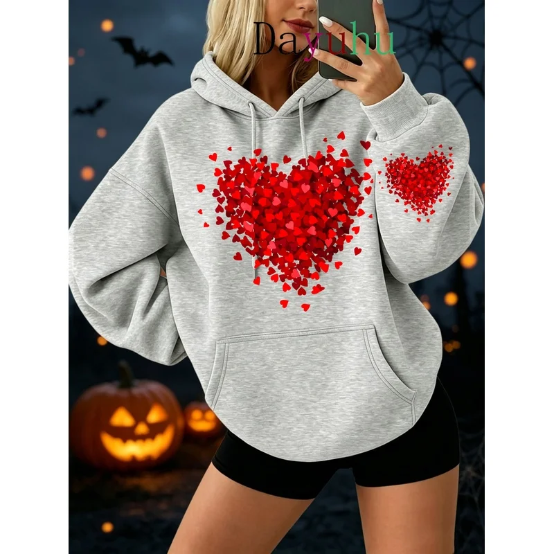 Oversized Streetwear Pullover Hoodie Halloween Red Heart Pattern Autumn Winter Daily Wear
