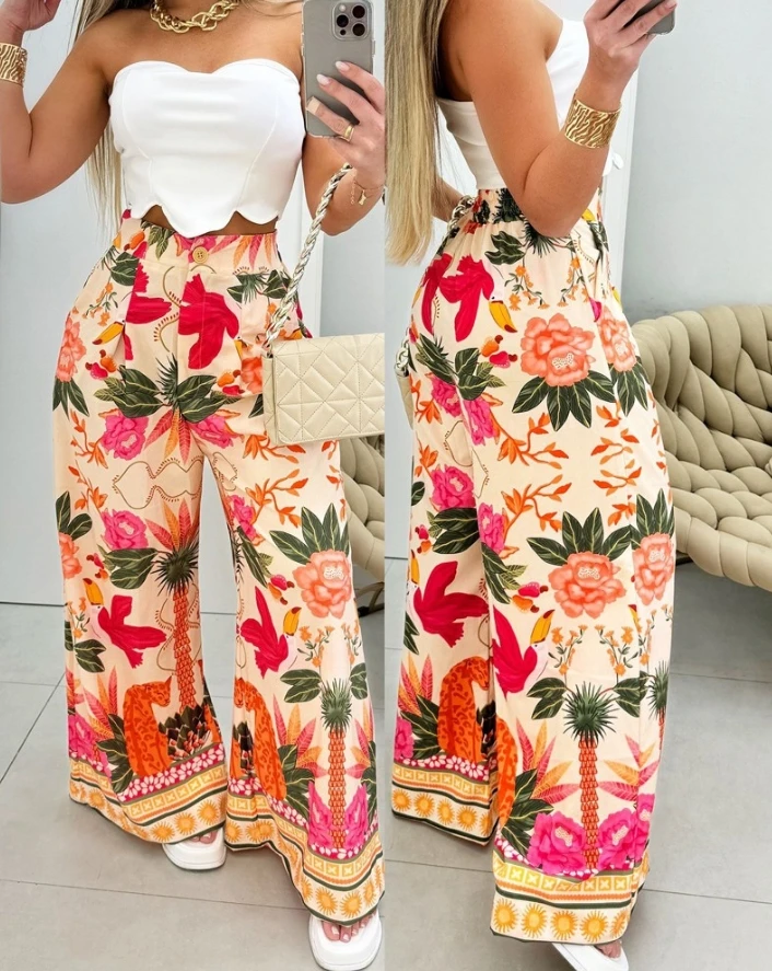 Women's Casual Suit 2024 Summer Latest Bandeau Asymmetric Top & Tropical Floral Animal Geometric Button Print Vacation Pants Set