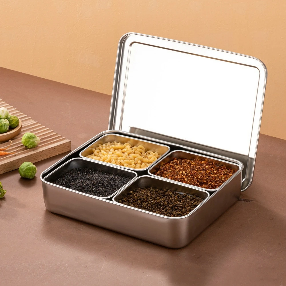 1PCS 1/2/3/4/6 Grids Stainless Steel Seasoning Box With Lid Rectangle Household Spice Organizer Multifunction Kitchen Gadget