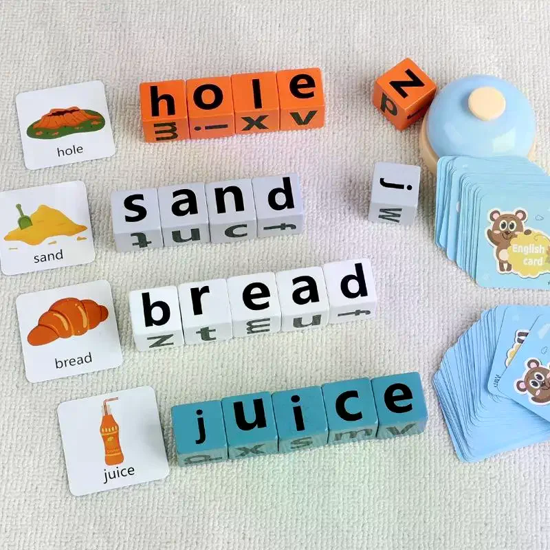 

1 Set Spelling Cube Flash Cards With Bell Tabletop Game English Word Formation Game Puzzle Toys Early Childhood Llearning Aids