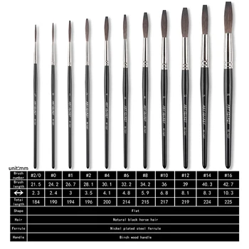 Artsecret แปรงสีน้ำเส้นแบนยาว7257สแตนเลส100% ศิลปะขนม้าสีดำ