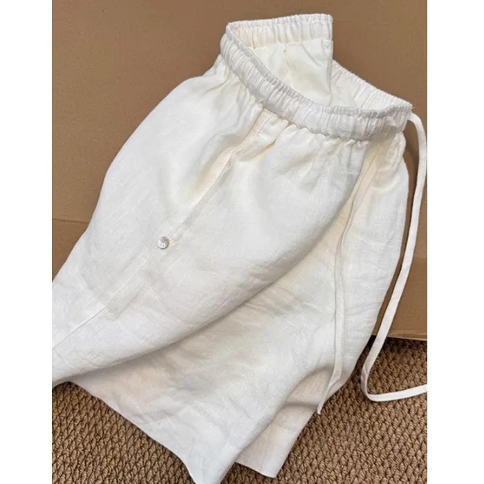 منفذ قوانغتشو الثالث عشر Fac الكتان الأبيض orts المرأة الصيف في الهواء الطلق عالية الخصر ألف خط بنطال ذو قصة أرجل واسعة عادية مستقيم الساق #4