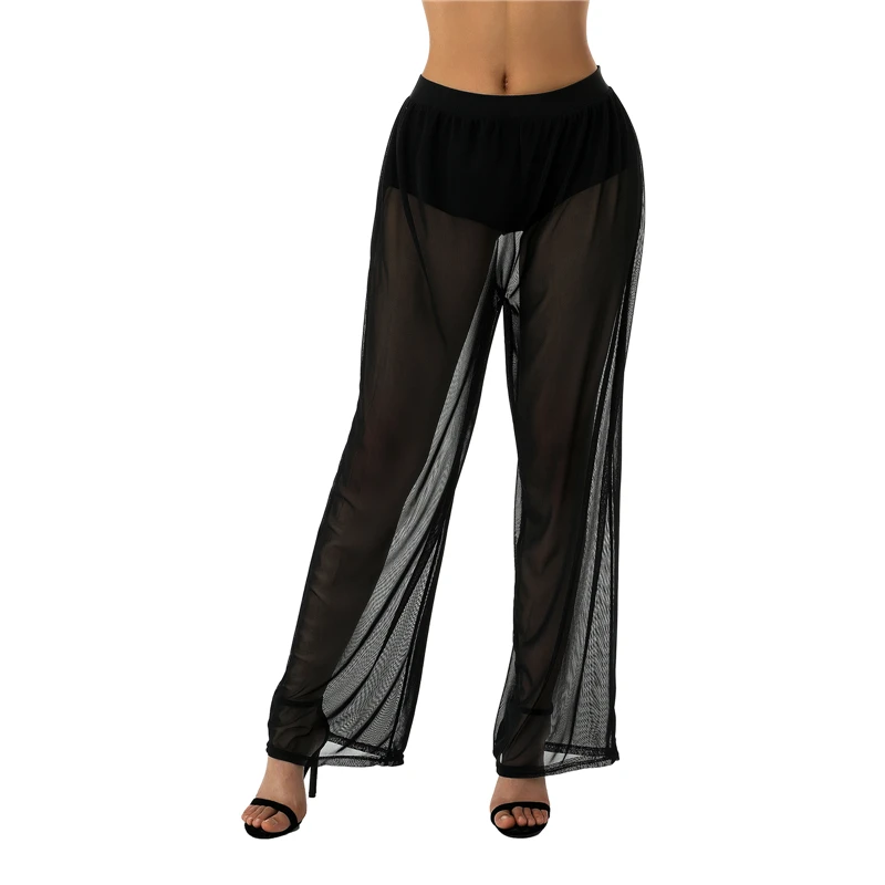 Sexy See-through High Waist Pant Women Long Casual Y2K Straight Trouser Female See Through Wide Leg Long Pants Summer Streetwear