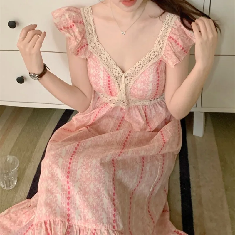 Lace Sleepwear Woman Fly Sleeves Summer Nightgown Korean Nightwear Night Dress V-neck One Piece Pajamas Sleeping Home Wear 2024