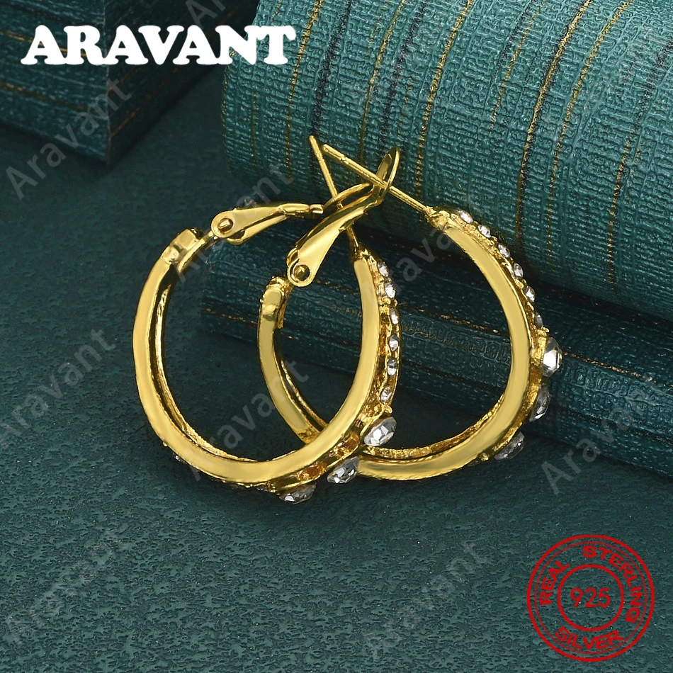 925 Sterling Silver 22mm Zircon Gold Round Earrings - A Fresh And Elegant Design For Women'S Engagement Jewelry