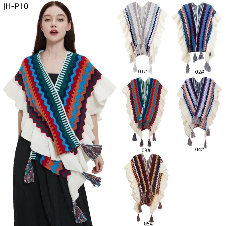 OMEA Women Colourful Wrap Poncho Ruffles Hemming Women Winter Accessories Spring Shawl Blanket Scarf Autumn Capes Cashmere Scarf