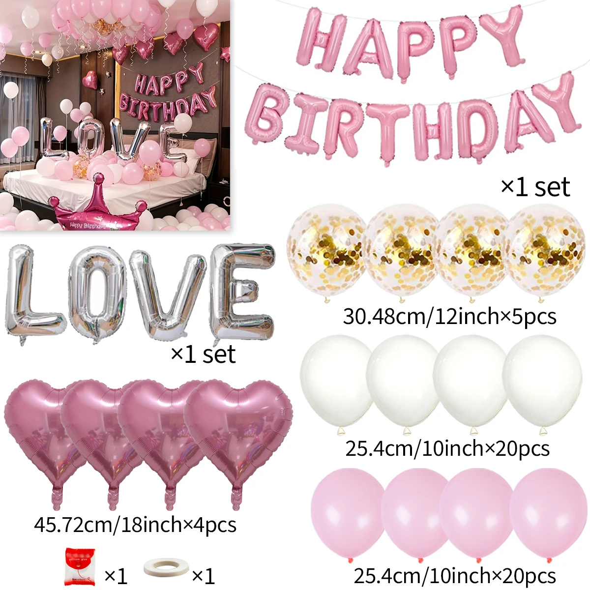 Rosa Ballon-Set LOVE Geburtstags-Buchstabenballon aus Aluminiumfolie Bunter Konfetti-Ballon für Prinzessinnen-Teeparty Geburtstagsantrag – Detail 5