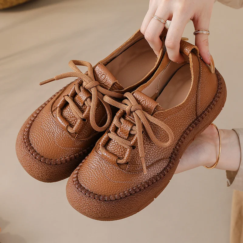 

GKTINOO New Genuine Leather Handmade Shoes For Women Non-Slip Flats Woman Lace Up Moccasins Cozy Mom Shoes Round Toe Sneakers