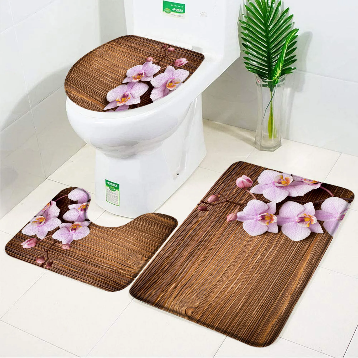 3pcs Set Orchid Bath Mat Flowers Wood Planks Background Toilet Pedestal Mat Toilet Seat Lid Covers Cushions Pads Bathtub Rug