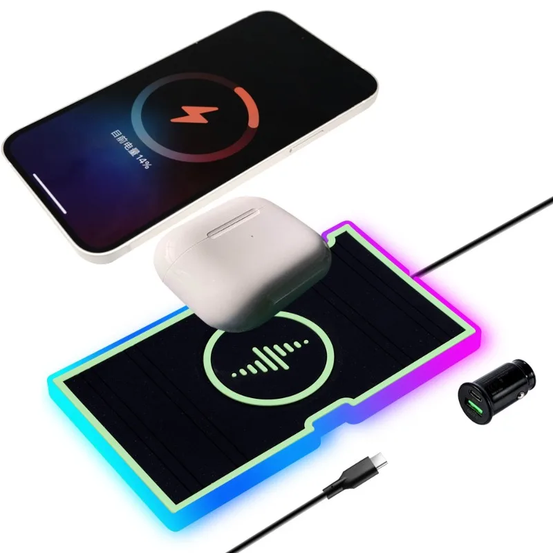 Chargeur sans fil rapide 15W pour voiture et maison, chargeur de véhicule avec fonction d'éclairage d'ambiance et mode de charge rapide