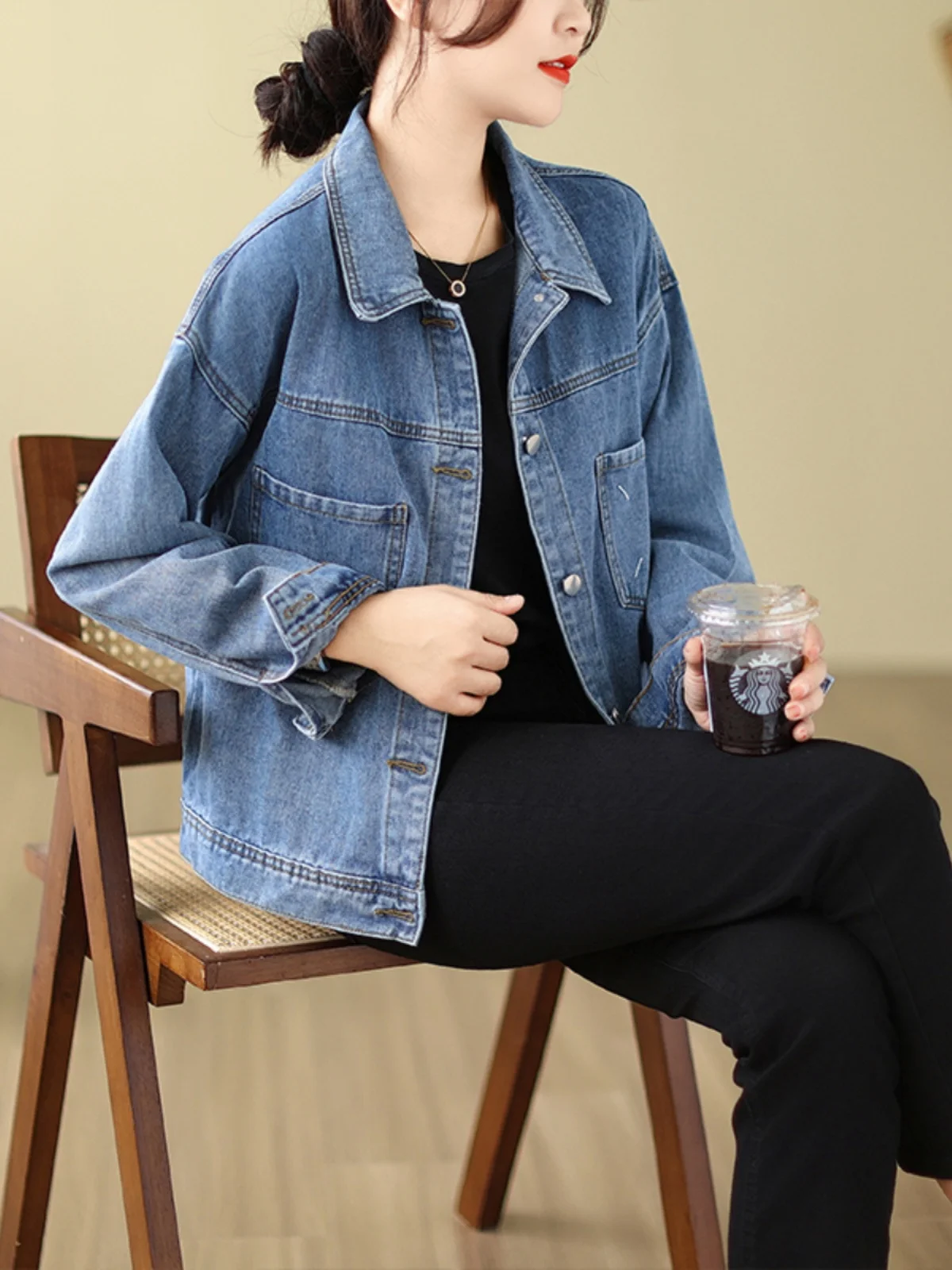 슬림하고 시원한 캐주얼 봄 가을 데님 재킷 여성 프린트 심플 패셔너블 출퇴근용 긴 소매 칼라 코트