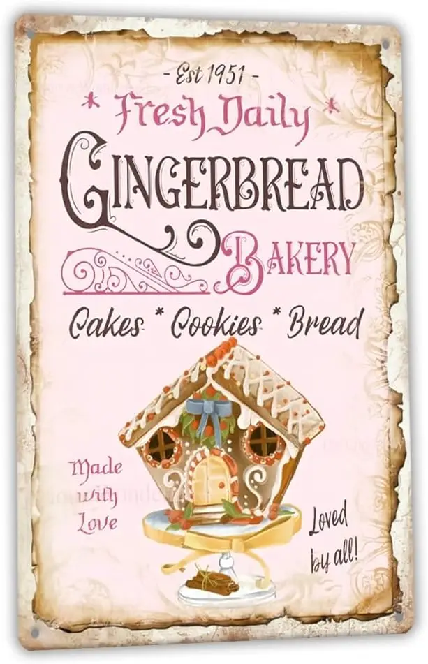 Gingerbread Bakery Cake Sign, Pink Christmas Vintage Metal Signs Wall Decor Tin Sign Funny Decorations for Home Cafes Office Sto