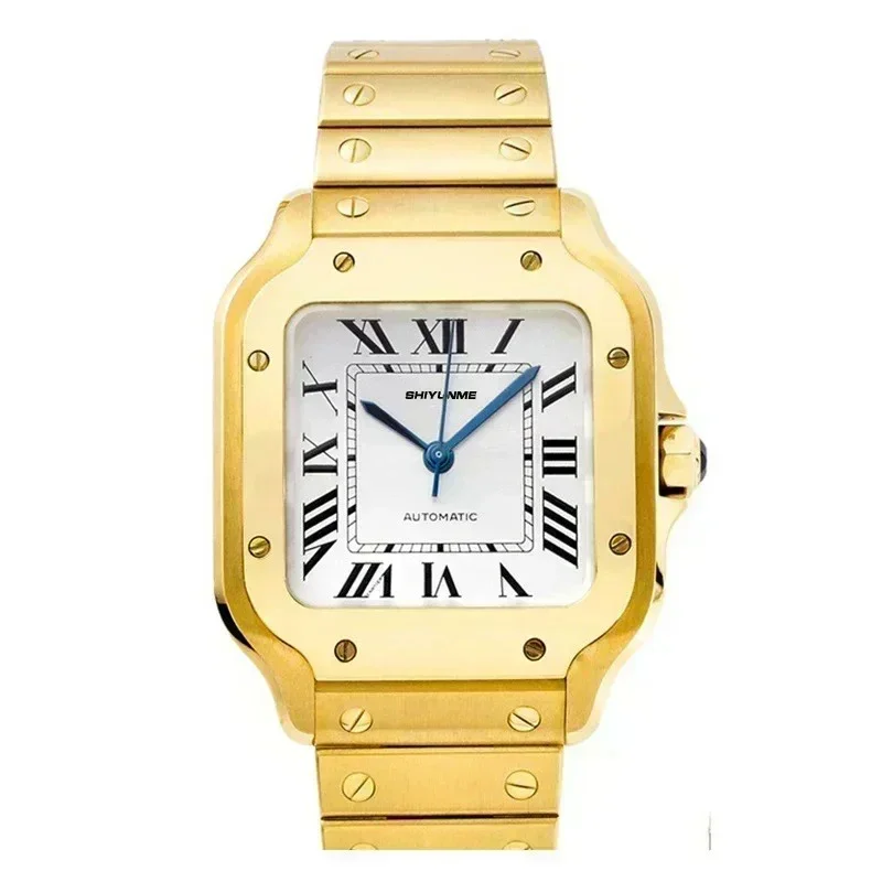 ساعة رياضية ميكانيكية من الفولاذ المقاوم للصدأ مربعة بمينا روماني جلد أسود عالي الجودة ساعة أوتوماتيكية للرجال متجر WATCH1