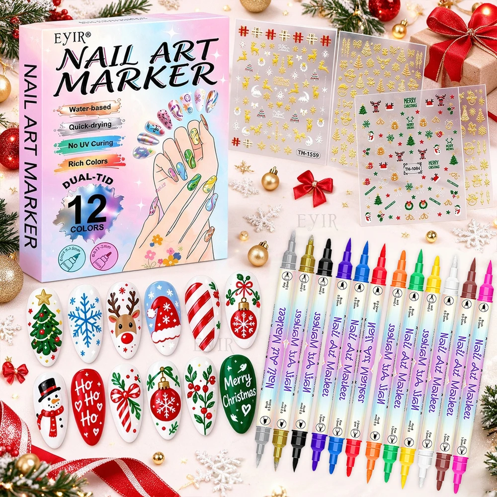 Dual Tip Nail Art Pens 12 Colors with Christmas Nail Stickers 0.5mm Fine Tip Nail Drawing Marker for Manicure DIY Holiday Nail