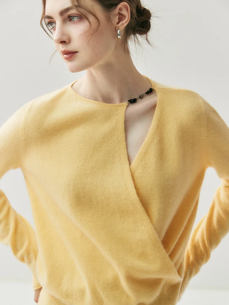 

CHICUU Women 100% Cashmere Sweater O-neck Cut Out Cross Collar Pullover Autumn Winter Grace Style Cashmere Knitwear Clothes