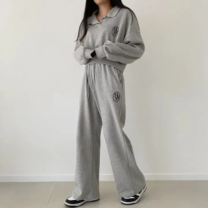

Korean Style Fleece Lined Wide Leg Long Sleeve Collar Casual Wear Women's Fashion Set Autumn Winter New Arrival