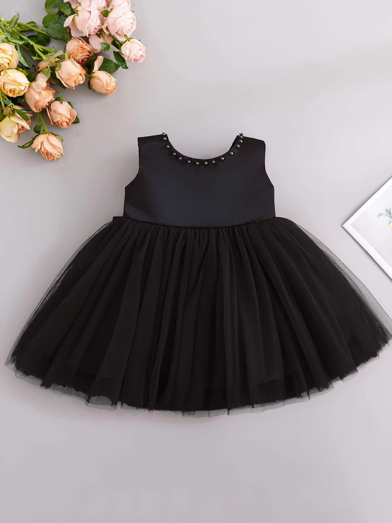 Elegant Tulle Halloween Baby Girl Dress Party Luxurious Beaded Formal Beautiful Dress Satin Children's Bow