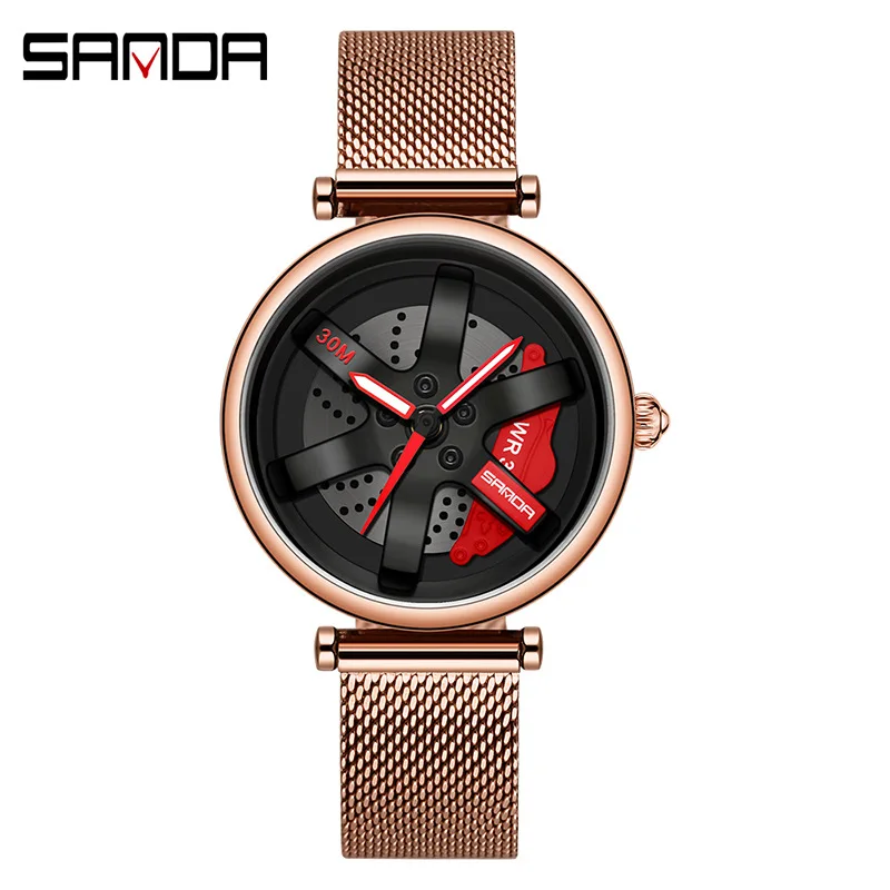 SANDA-Montres de sport étanches pour hommes, cadran de type moyeu de roue, pointeur de lueur nocturne, bracelet en maille d'acier inoxydable, couple de mode, 1075, 1073