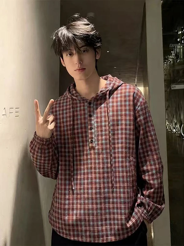 

Retro Red Plaid Long Sleeve Men's Shirt Hooded Casual Style Sun Protection Outerwear Loose Fit Spring Season Polyester Fiber