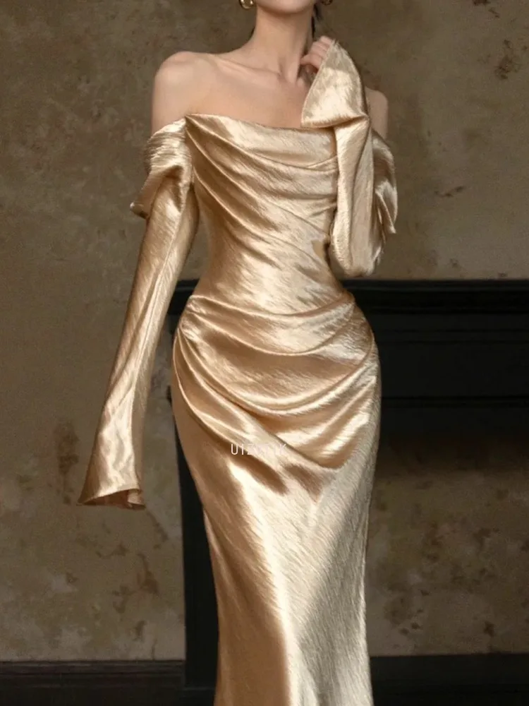 الذهب حورية البحر فساتين لحضور الحفلات الموسيقية قبالة الكتف الساتان مساء فستان طويل الأكمام الفاخرة الرسمية فستان حفلة كوكتيل مخصص