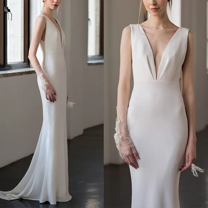 

Белое облегающее свадебное платье с V-образным вырезом и юбкой-русалкой, вечернее платье из сетчатой ткани с завышенной талией для помолвки, трансграничная поставка