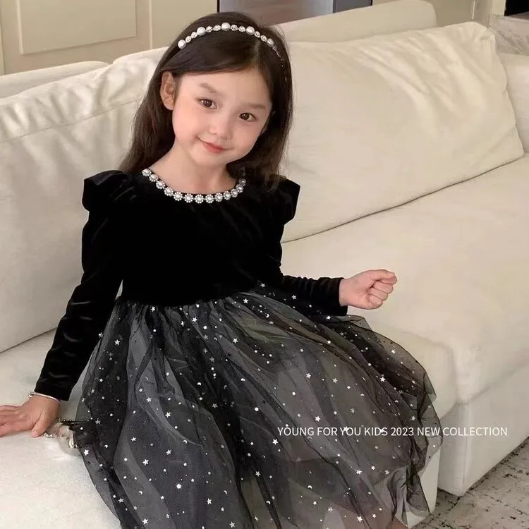 

New Autumn and Winter Girls' New Black Pearl Heavy Industry Small Black Dress Starry Sky Puffy Skirt Mesh Princess Dress