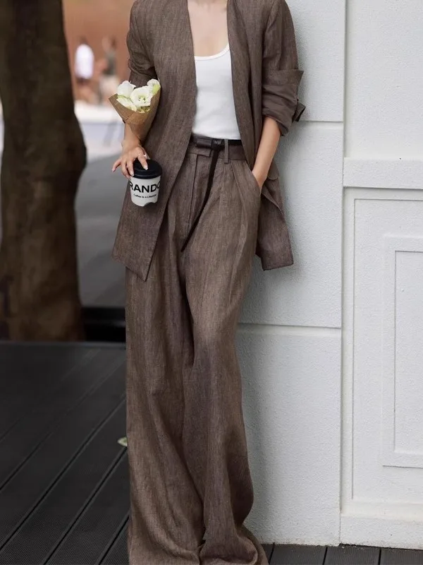 

High-End Linen Suit Set Women's Loose Fit Tuxedo Sle Two-Piece Outfit Long Pants Jaet Spring New Arrival Faionable