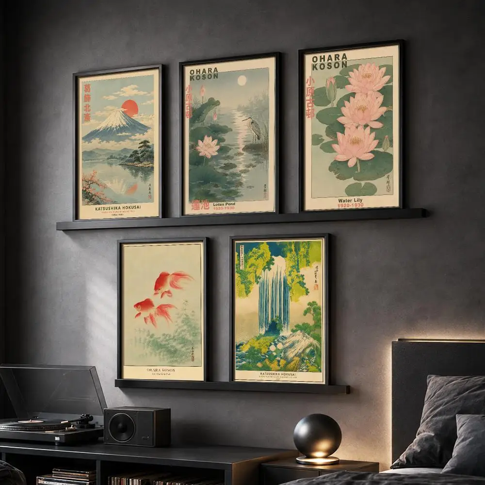 H-Hokusai Ohara Koson Japanese Painting Calligraphy Canvas Poster Hallway Bedroom Living Room Home Bar Decoration Interior Wall
