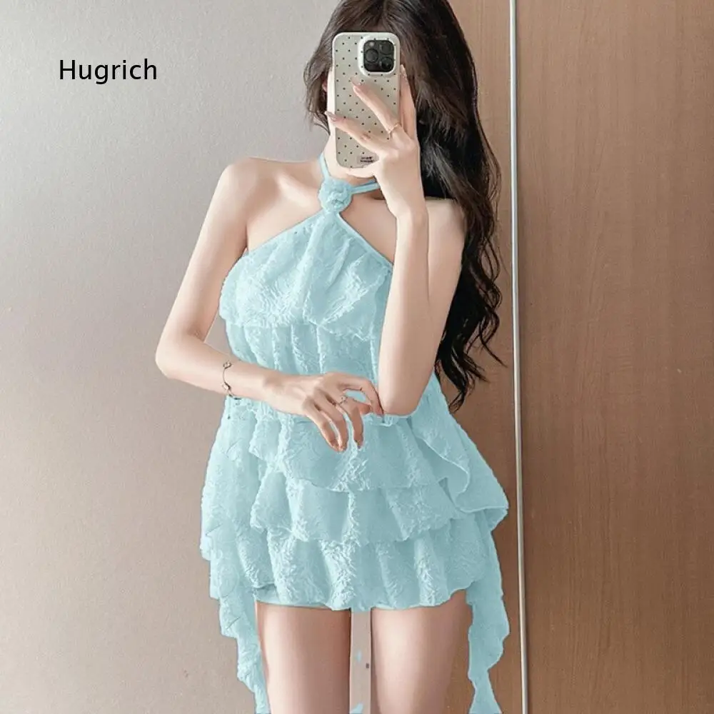 Women Halter Neck One Piece Swimsuit Ruffled Tiered Layer Design With Irregular Hem For Summer Beach Pool Vacation Activities