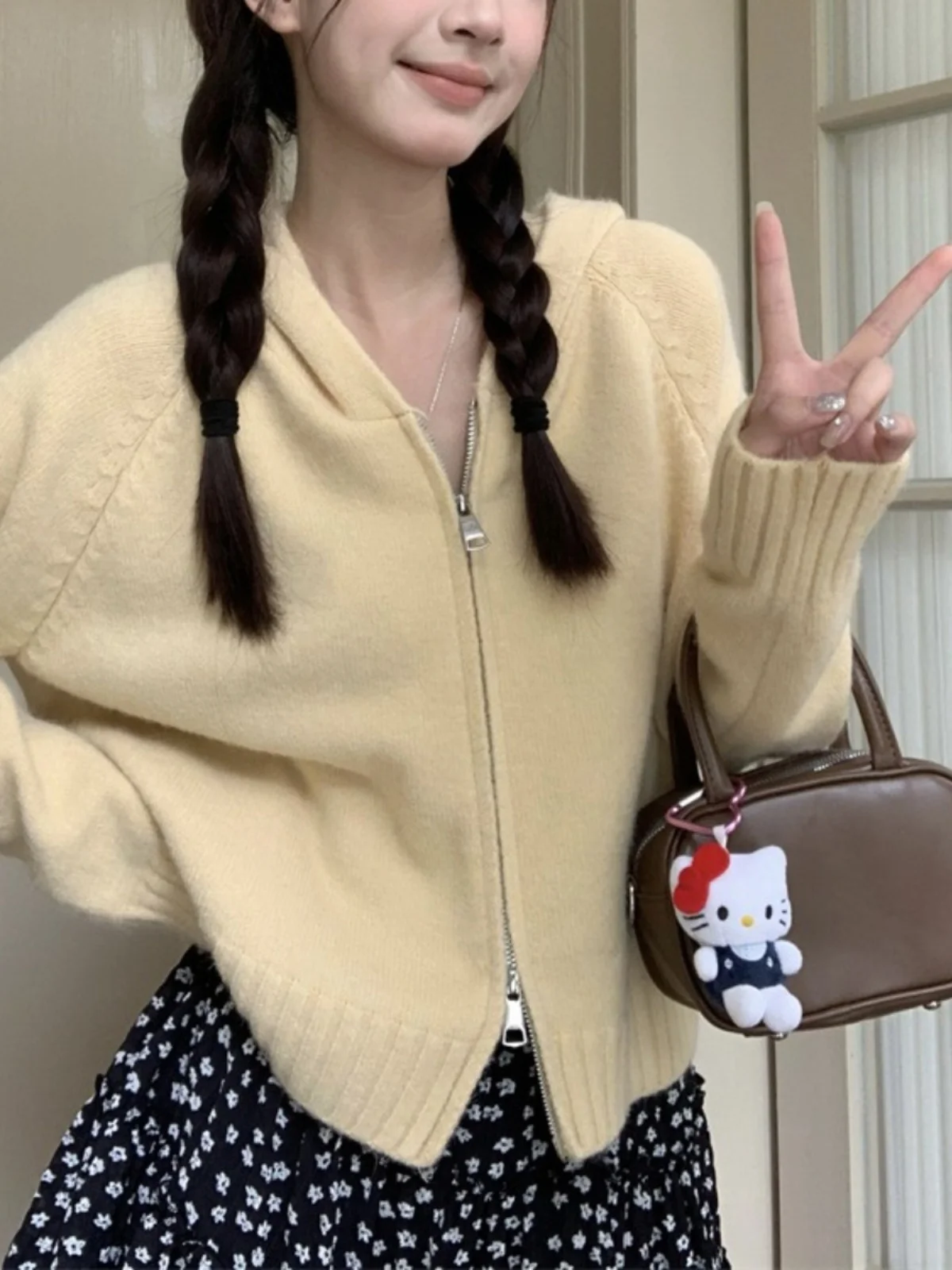 

Women's Knitted Open Cardigan Outerwear Hooded Double Zipper Loose Design Sense Sweater Jaet Autumn Faion New Sle