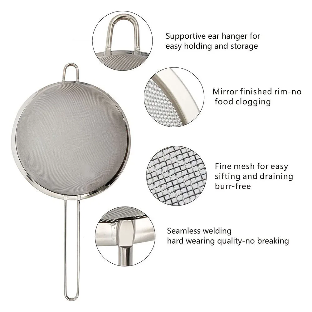 3Pcs Mesh Filter Sieve Stainless Steel Slotted Spoon Kitchen Set of 3 Fine Strainers Long Handle for Cooking Sifting and Frying