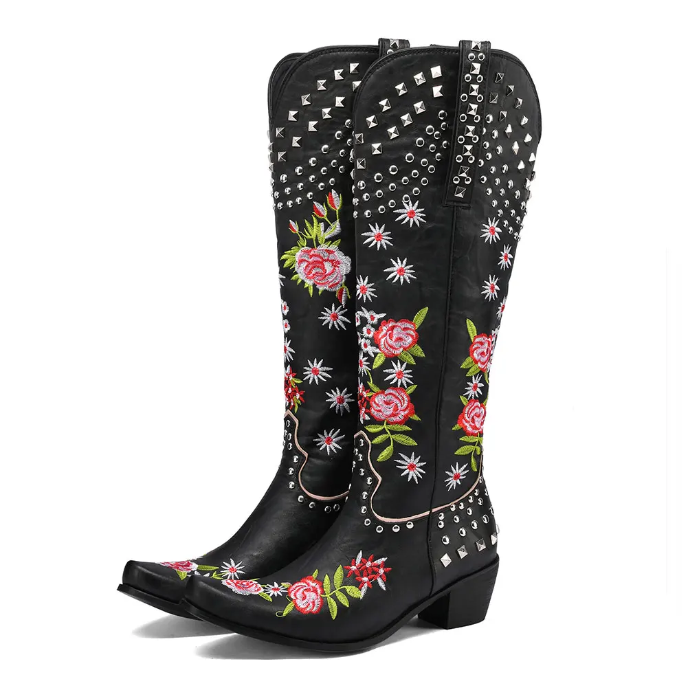 

AOSPHIRAYLIAN Western Cowboy Sewinig Floral Boots For Women 2023 Lace Studded Cowgirl Retro Vintage Embroidery Women's Shoes