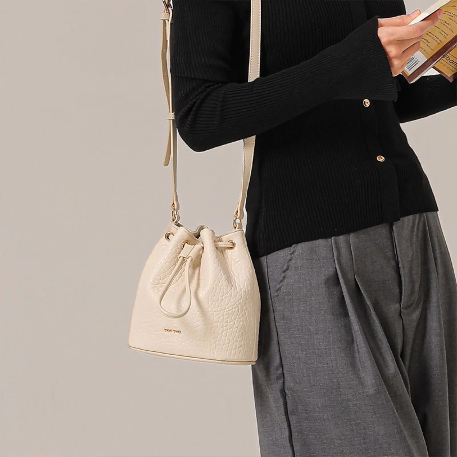 TOUTOU New Original Small Bucket Bag, Fashion Drawstring Design Shoulder Bag, Daily Commuter Handbag