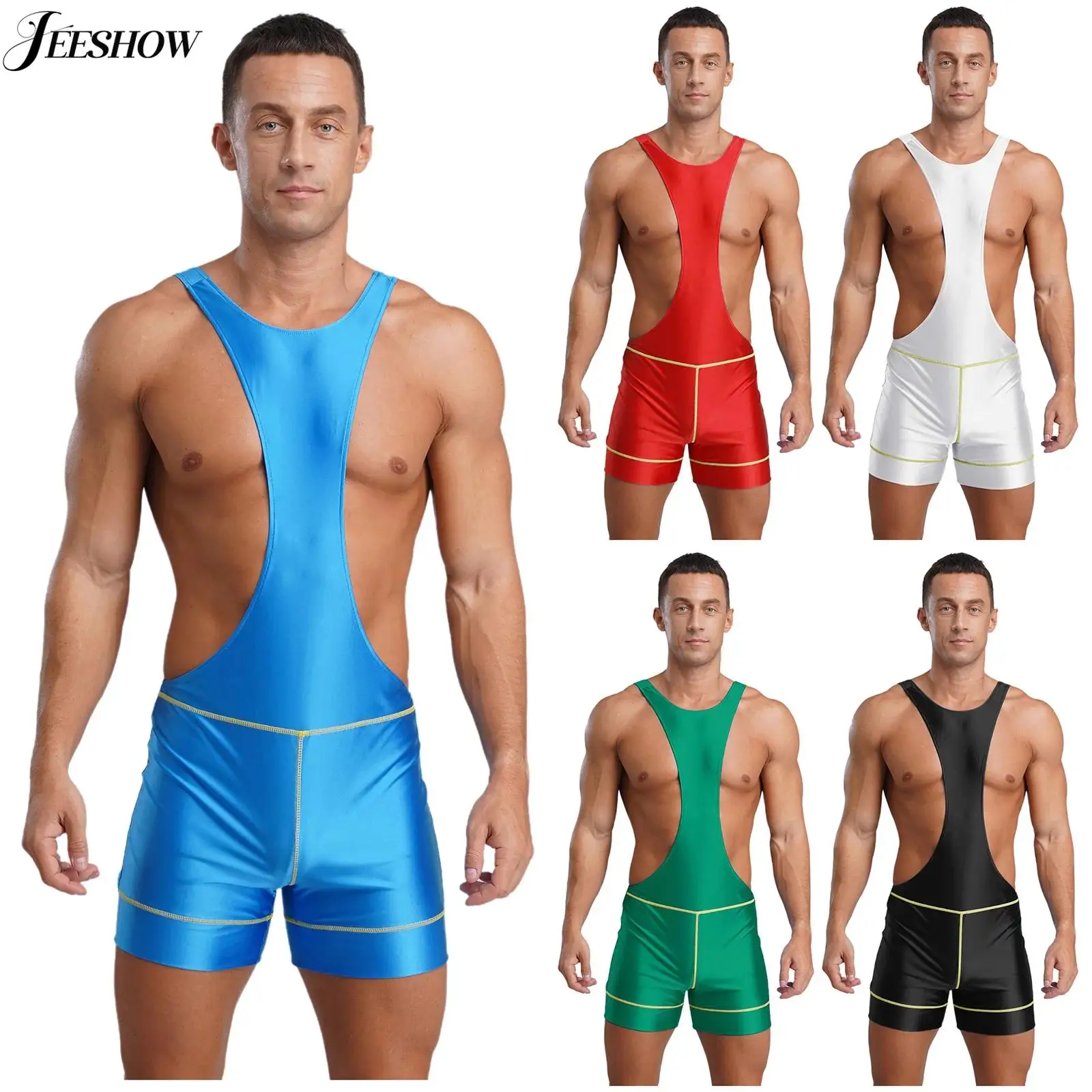 Mens Glossy Cut Out Athletic Leotard Glossy Stretchy Cut Out Open Back Sleeveless Wrestling Singlet Mankini for Yoga Workout