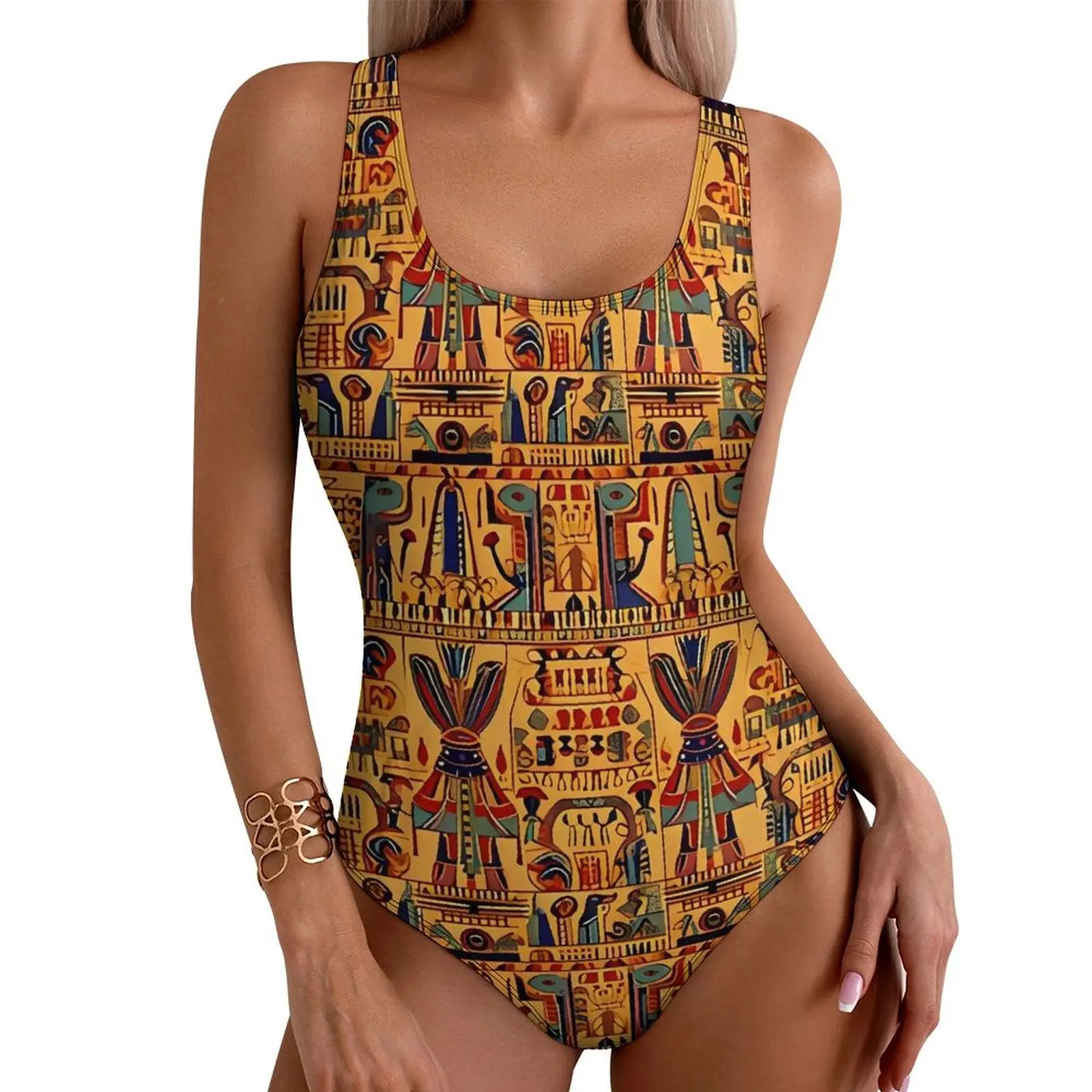 Ancient Egyptian Art Swimsuit Sexy Retro Pattern One-Piece Swimwear Push Up Bodysuit Stylish Holiday Surf Beach Outfits