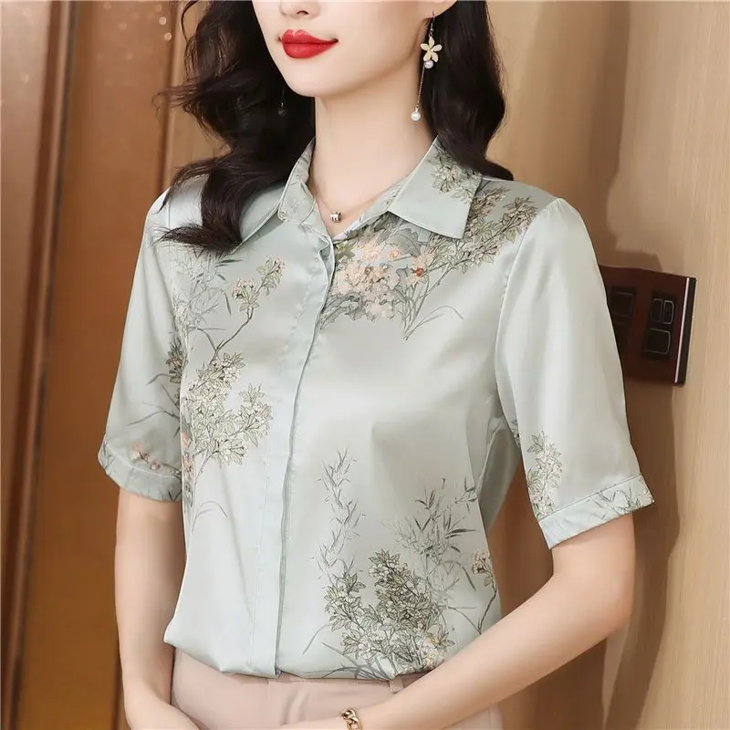 Summer Short Sleeve Button Plant&Flowers Printing Turn-down Collar Cardigan Chiffon Shirt Elegant Women\'s Clothing Casual Tops