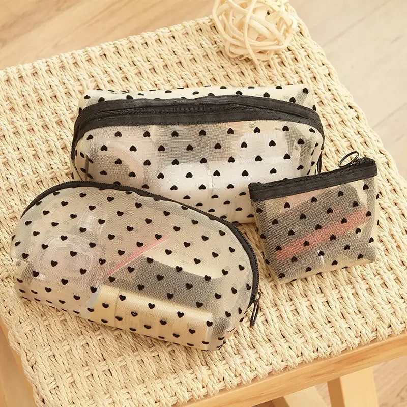 1PC Heart Women Men Necessary Cosmetic Bag Transparent Travel Organizer Fashion Small Large Mesh Toiletry Bags Makeup Pouch