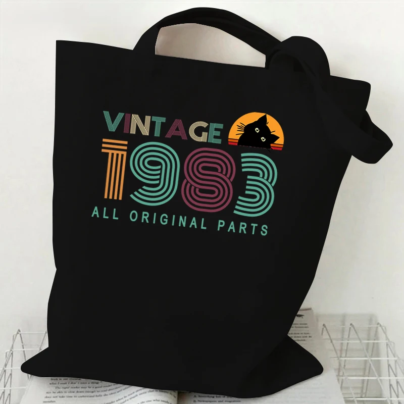 Trendy Women\'s Handbags Vintage 1980 To 1989 Print Canvas Tote Bags Black Cat Vintage 1982 Design Gift Canvas Shopping Bag Women