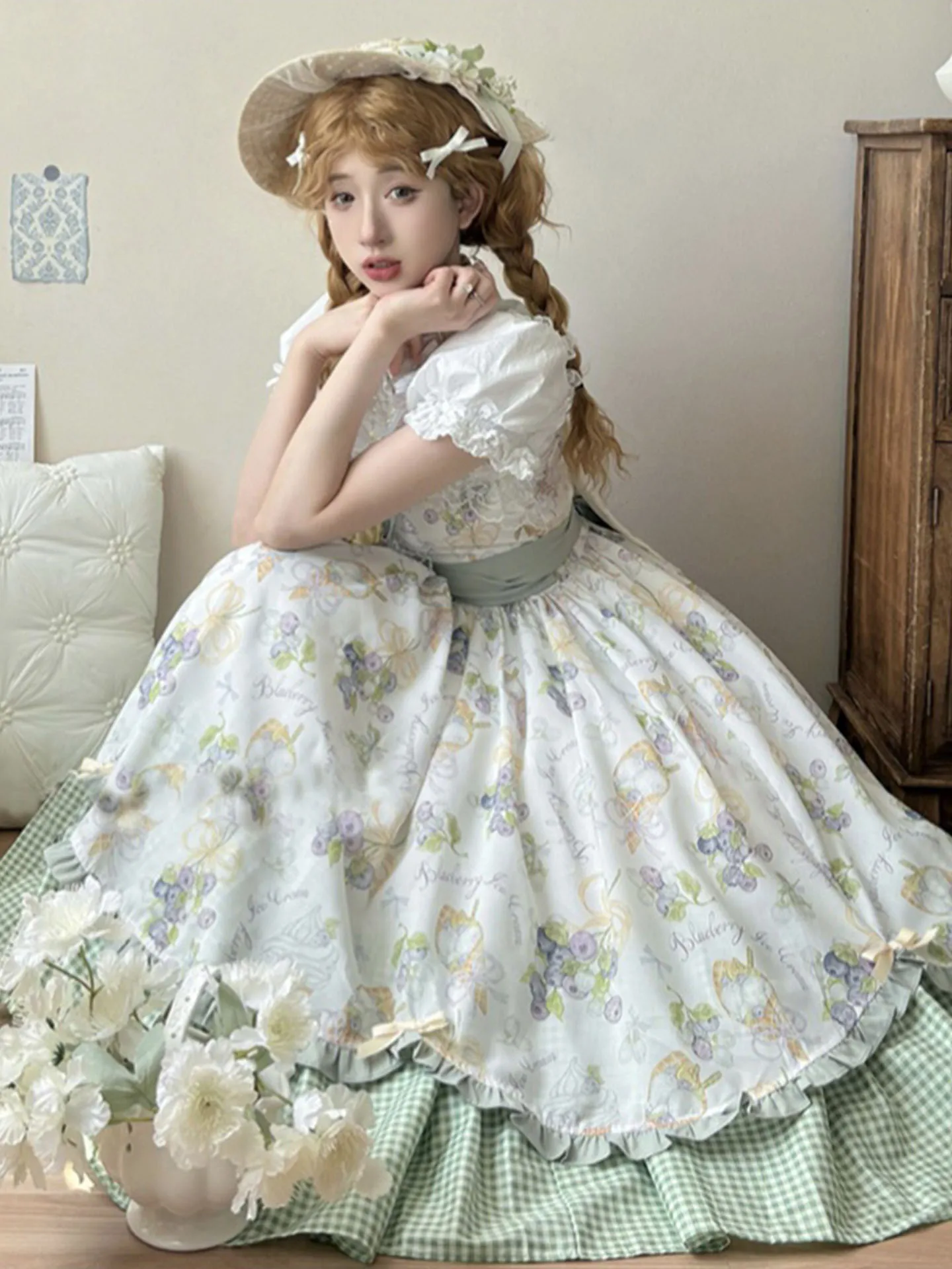 Elegante set gonna e camicetta stile country Lolita per donne taglie forti, abito principessa a maniche corte in fibra di poliestere traspirante