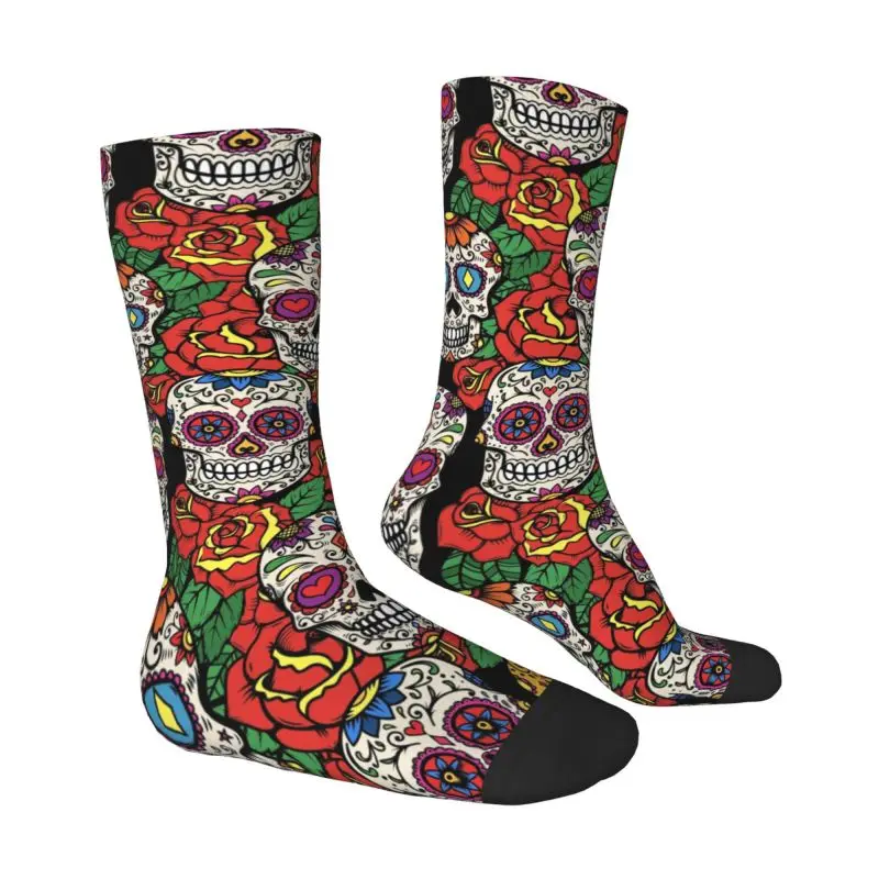 Flowers Sugar Skull Pattern Mens Crew Socks Unisex Fun Day Of The Dead Spring Summer Autumn Winter Dress Socks