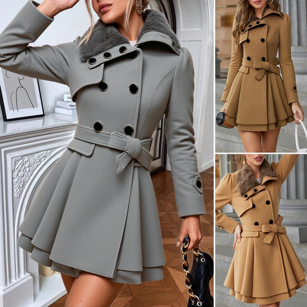 

Женские пальто, осень-зима 202, повседневное базовое однотонное пальто с длинными рукавами и зубчатыми лацканами на пуговицах спереди, пальто с воротником из искусственного меха