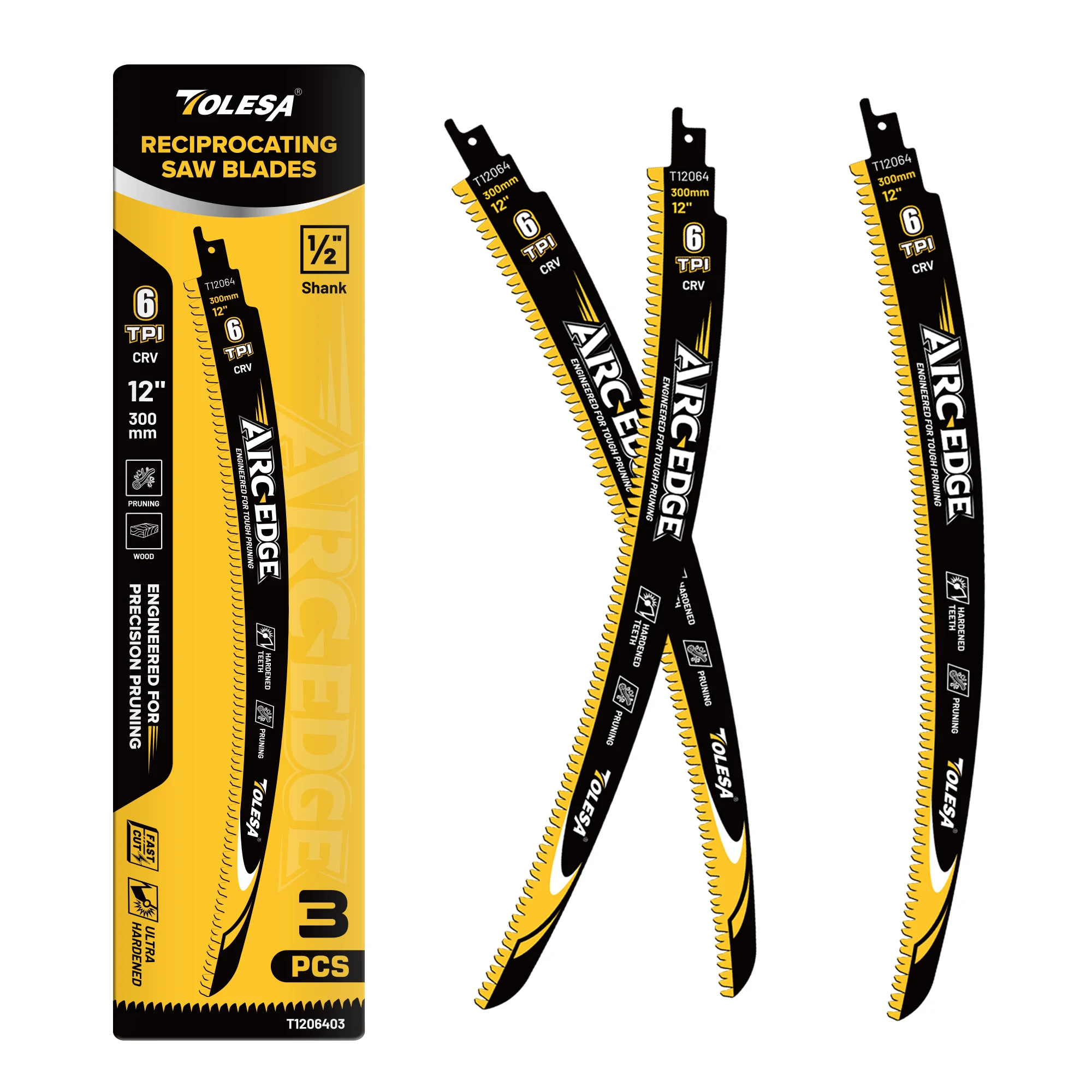 TOLESA 12 Inch Arc Edge Reciprocating Saw Blade for Wood Pruning, 6TPI Japanese Teeth Sawzall Blades for Tree Trimming (3 Pack)