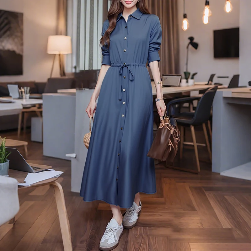 ZANZEA Moda Donna Camicia a maniche lunghe Abiti Risvolto Fasciatura Party Vestido 2025 Autunno Tinta unita Elegante Casual Allentato Vestito estivo