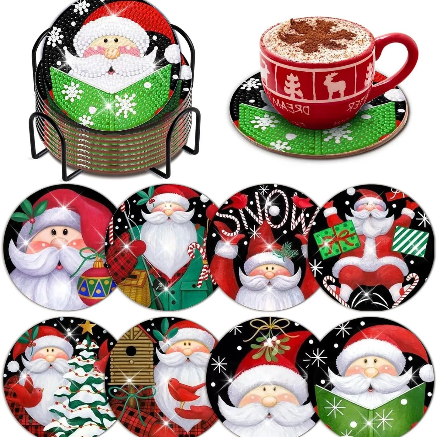 

5D Handcrafted DIY Wooden Diamond Painting Heat-insulating Non-slip Santa Claus Coaster for Adults, Diamond Art