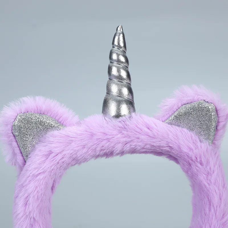Autumn and Winter Cute Unicorn Plush Earmuffs for Women, Shiny Silver Pink Cat Ear Decoration, Thickened Faux Rabbit Fur Ear Protectors, Outdoor Snow Protection, Cold-Proof, Foldable, Multi-Color Accessories