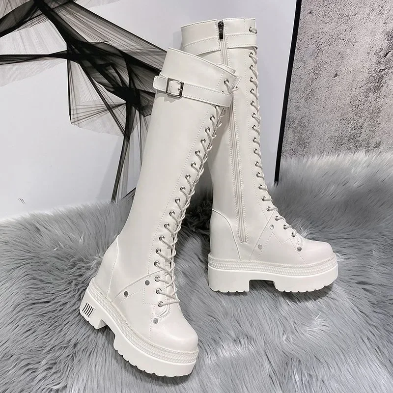 10CM New Women Platform Knee High Boots Winter Warm Plush Long Boots Leather Motorcycle Boots Lace-up Chunky Sneakers High Heels