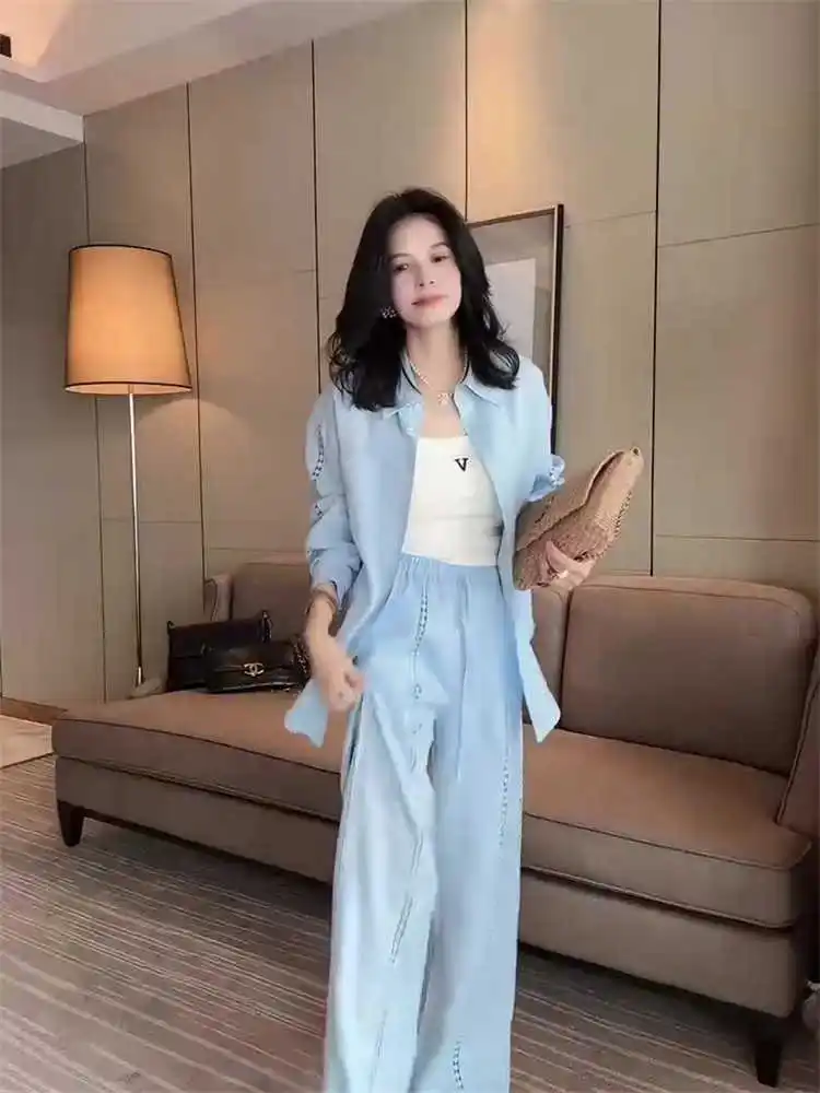 

2025 Spring New Fashionable Luxury Set Women's Simple and Versatile Shirt Thin and Cover Meat Casual Pants Two Piece Set