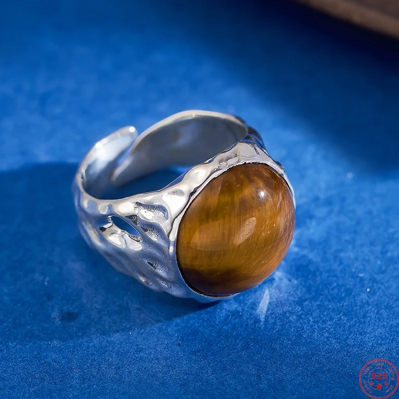 

S925 Sterling Silver Rings for Women Men Retro Concave-convex Pattern Inlaid Tiger's Eye Cabochon Fashion Jewelry Wholesale