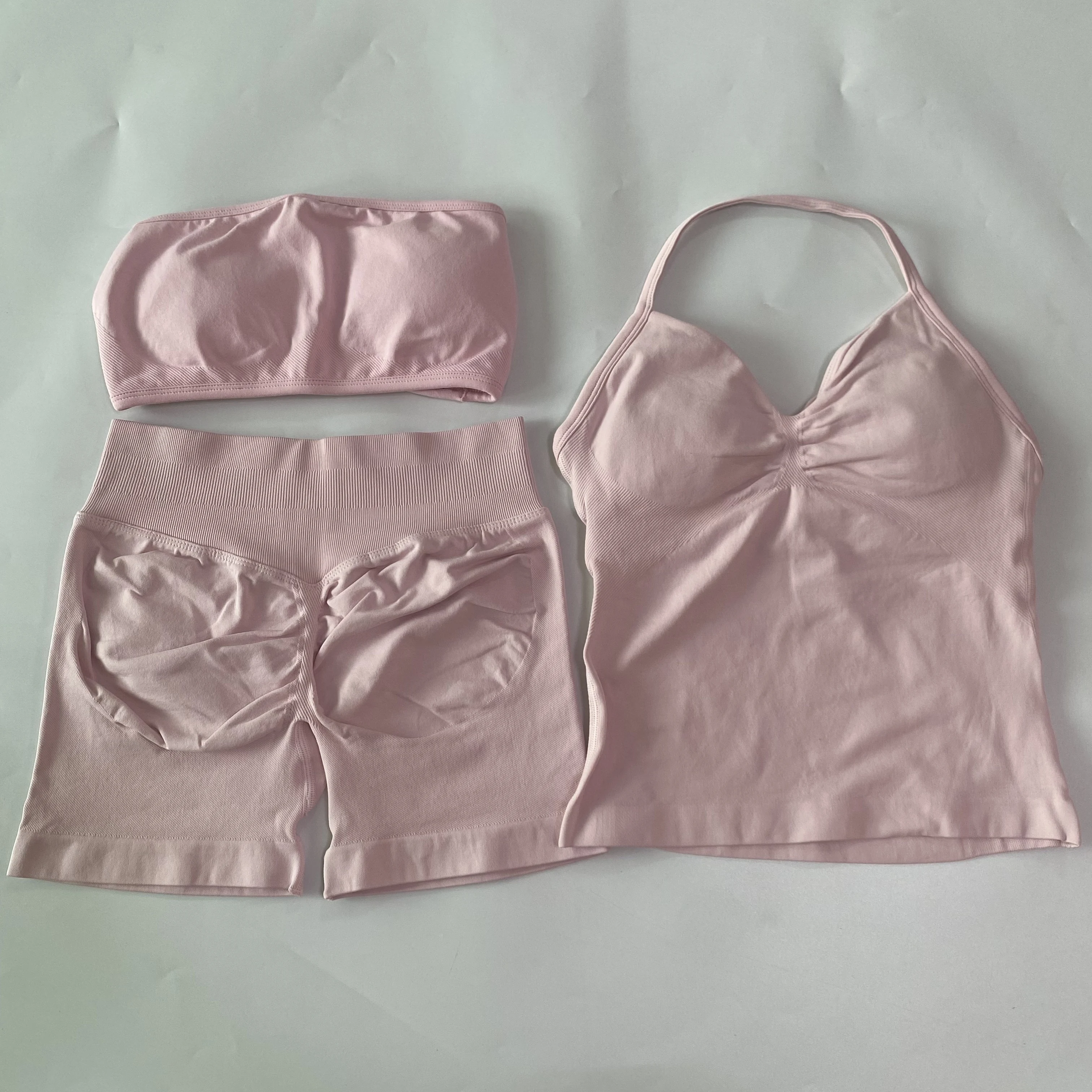 3-teiliges Yoga-Set für Damen, rückenfreier Bandeau-Sport-BH + langes Top mit Trägern + Scrunch-Shorts, Sportbekleidung, Outfit-Sets, Gym-Set – Detail 20